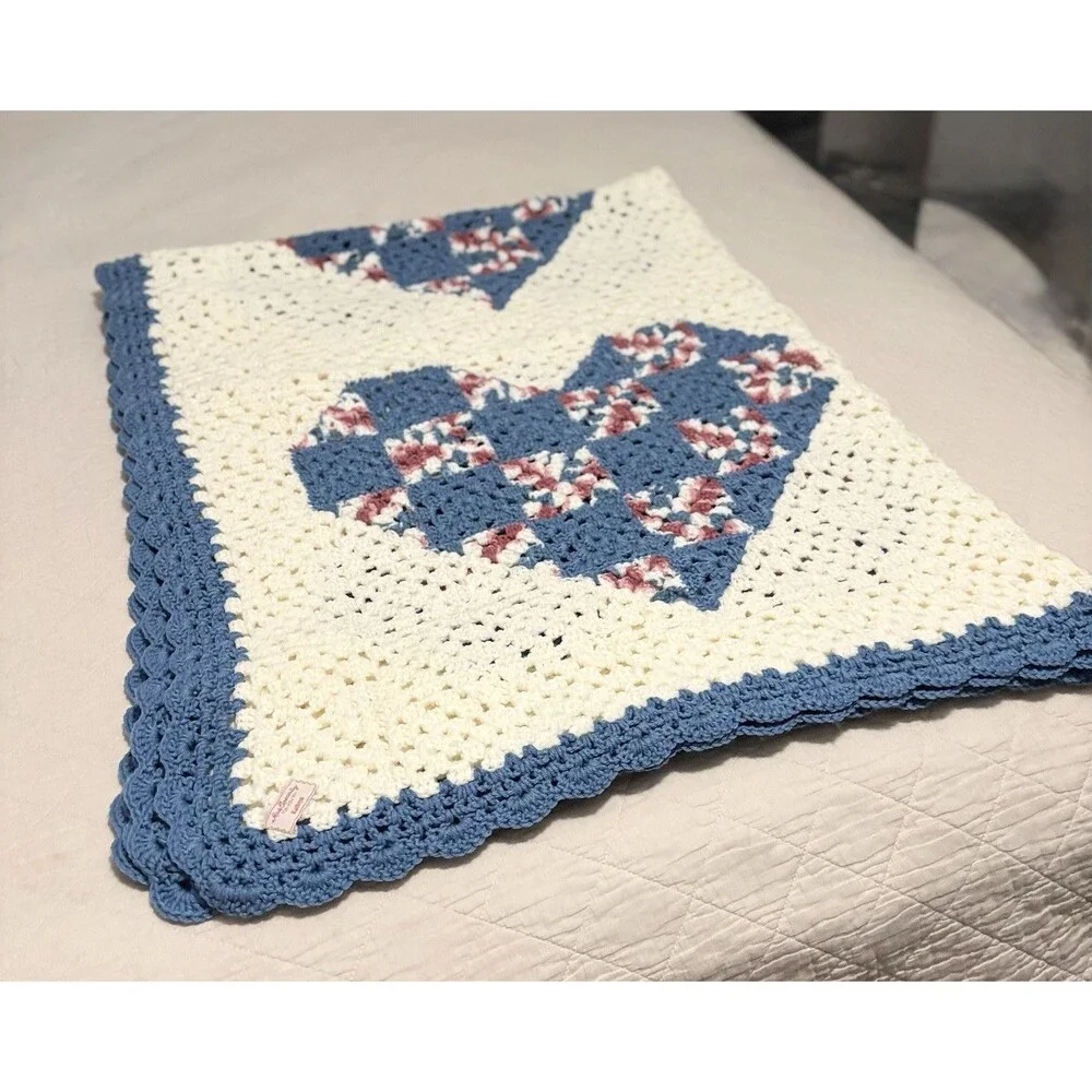 Handmade Crochet Granny Square Sofa Throw Blanket, Multicolor Vintage Hearts